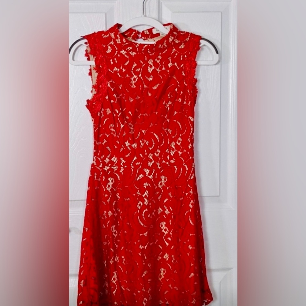 Francesca’s Red Lace Halter Dress with Open Back Mini Dress XS